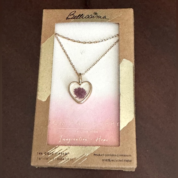 Bellisima Jewelry New In Box 14k Necklace W/ Dried Purple Flower Heart Pendant - Picture 1 of 3